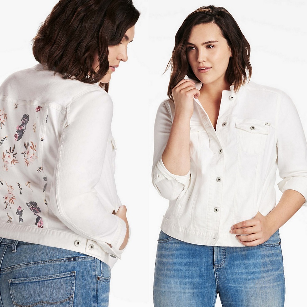LUCKY BRAND White Floral Denim Jean Trucker Jacket